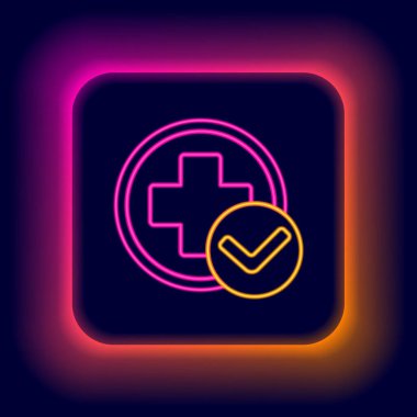 Parlayan neon hattı Cross Hastanesi tıbbi ikonu siyah arka planda izole edildi. İlk yardım. Teşhis sembolü. İlaç ve eczane işareti. Renkli taslak konsepti. Vektör