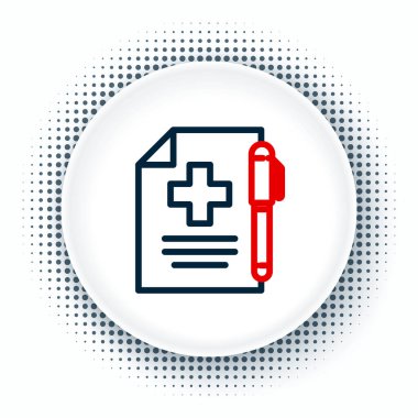 Çizgi Medikal reçetesi ve kalem simgesi beyaz arkaplanda izole edilmiş. RX formu. Yemek tarifi. Eczane ya da ilaç sembolü. Renkli taslak konsepti. Vektör