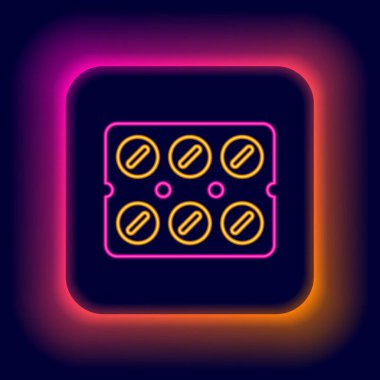 Parlayan neon çizgisi hapları siyah arka planda izole edilmiş. İlaç paketi. Tablet, vitamin, antibiyotik, aspirin. Renkli taslak konsepti. Vektör