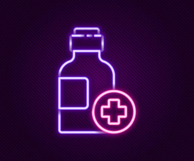 Siyah arkaplanda parlayan neon hattı ilaç şurubu ikonu izole edildi. Renkli taslak konsepti. Vektör