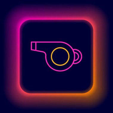 Parlayan neon hattı Whistle simgesi siyah arkaplanda izole edildi. Hakem sembolü. Spor ve spor burcu. Renkli taslak konsepti. Vektör