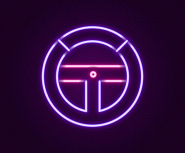 Parlayan neon çizgisi direksiyon simgesi siyah arkaplanda izole edildi. Araba tekeri ikonu. Renkli taslak konsepti. Vektör