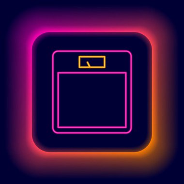 Parlayan neon hattı banyo ölçekli simge siyah arka planda izole edildi. Ağırlık ölçme ekipmanı. Ağırlık ölçeği spor konsepti. Renkli taslak konsepti. Vektör