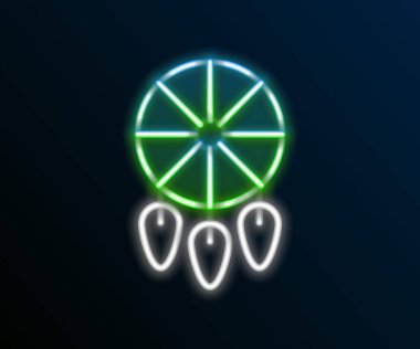 Siyah zemin üzerinde tüy ikonu olan parlak neon hattı Rüya Yakalayıcı. Renkli taslak konsepti. Vektör