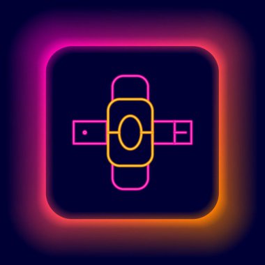 Parlayan neon hattı dizlik simgesi siyah arkaplanda izole edildi. Olağanüstü bir spor. Kaykay, bisiklet, paten kayma koruyucu giysi. Renkli taslak konsepti. Vektör