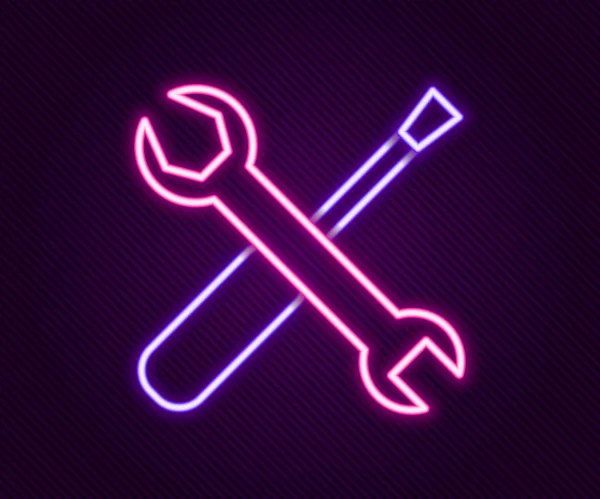 Glowing neon line Screwdriver and wrench spanner tools icon isolated on black background. Service tool symbol. Colorful outline concept. Vector — Stock Vector