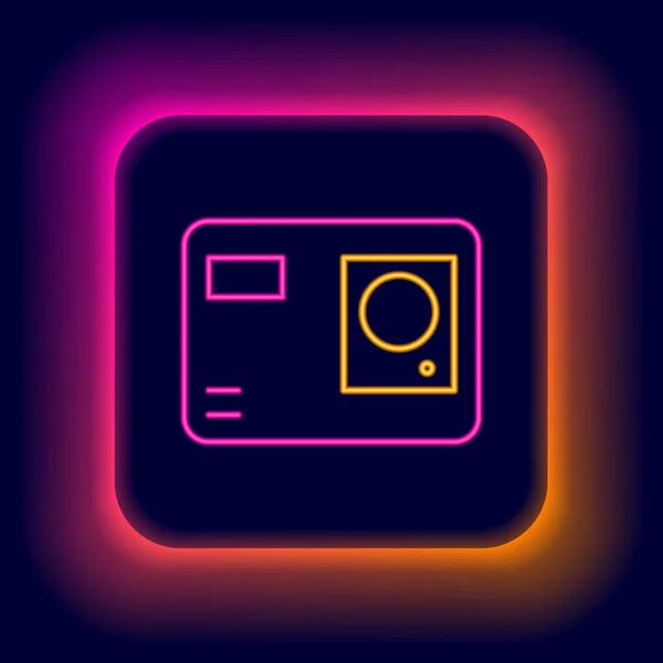 Glödande neon line Action extrem kamera ikon isolerad på svart bakgrund. Videokameror för att filma extrema sporter. Färgstarkt skisskoncept. Vektor — Stock vektor