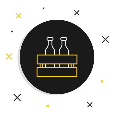 Beyaz arka planda izole edilmiş çizgi halinde bira şişeleri ikonu. Tahta kutu ve bira şişeleri. Kutu bira kutusu tabelası. Renkli taslak konsepti. Vektör