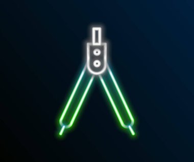 Parlayan neon çizgisi Siyah arkaplanda pusula simgesi çizimi. Pusula işareti. Çizim ve eğitim araçları. Geometrik alet. Renkli taslak konsepti. Vektör