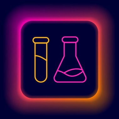 Parlayan neon hattı test tüpü ve matara - kimyasal laboratuvar ikonu siyah arkaplanda izole edildi. Laboratuvar cam levhası. Renkli taslak konsepti. Vektör