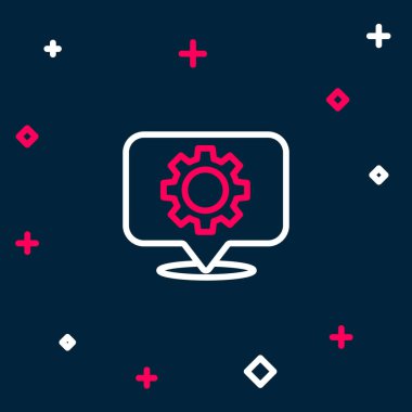 Mavi arkaplanda dişli simgesi olan çizgi konumu izole edildi. Renkli taslak konsepti. Vektör