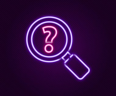 Parlayan neon hattı Bilinmeyen arama simgesi siyah arkaplanda izole edildi. Büyüteç ve soru işareti. Renkli taslak konsepti. Vektör
