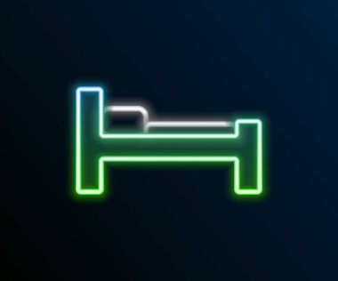 Parlayan neon çizgisi yatak simgesi siyah arkaplanda izole edildi. Renkli taslak konsepti. Vektör