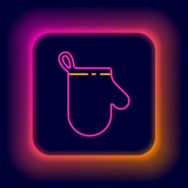 Parlayan neon hattı fırın simgesi siyah arkaplanda izole edildi. Mutfak tutacağı işareti. Yemek eldiveni. Renkli taslak konsepti. Vektör