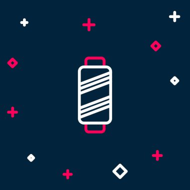 Mavi arkaplanda izole edilmiş makara simgesine çizgi dikiş ipliği. İplik makarası. İplik kutusu. Renkli taslak konsepti. Vektör