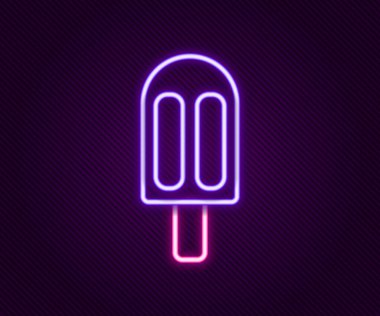 Parlayan neon hattı dondurma ikonu siyah arka planda izole edildi. Güzel sembol. Renkli taslak konsepti. Vektör
