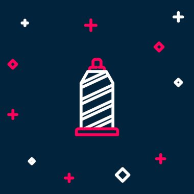 Mavi arkaplanda izole edilmiş makara simgesine çizgi dikiş ipliği. İplik makarası. İplik kutusu. Renkli taslak konsepti. Vektör