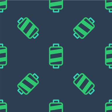 İkonun üzerindeki çizgi dikiş ipliği mavi arkaplanda izole edilmiş pürüzsüz desen. İplik makarası. İplik kutusu. Vektör