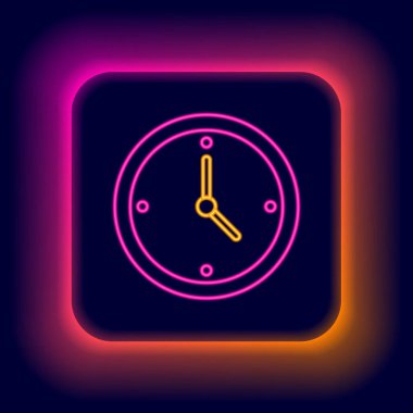 Parlayan neon çizgi saat simgesi siyah arkaplanda izole edildi. Zaman sembolü. Renkli taslak konsepti. Vektör
