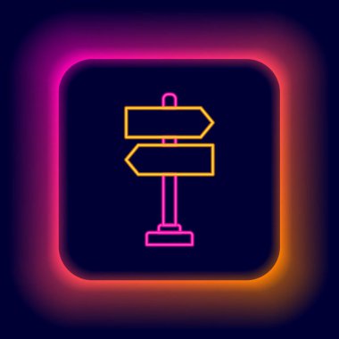 Parlayan neon hat trafik levhası. Siyah arkaplanda sinyal simgesi izole edildi. İşaretçi sembolü. İzole sokak bilgi levhası. Yön tabelası. Renkli taslak konsepti. Vektör