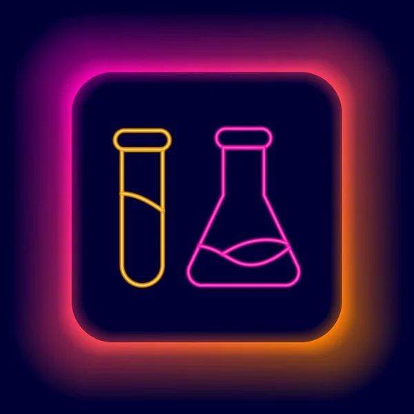 Glowing neon line Test tube and flask - chemical laboratory test icon isolated on black background. Laboratory glassware sign. Colorful outline concept. Vector — Stock Vector