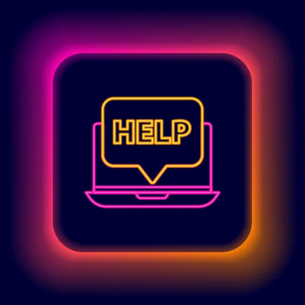 Gloeiende neon lijn Laptop en help pictogram geïsoleerd op zwarte achtergrond. Aanpassen, service, instelling, onderhoud, reparatie, vaststelling. Kleurrijk concept. Vector — Stockvector