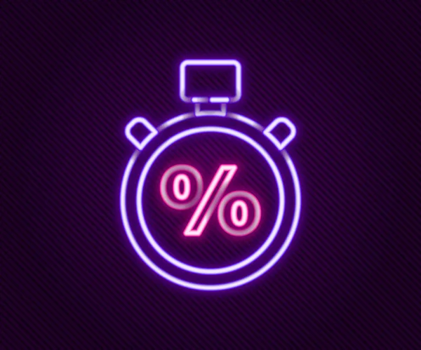 Gloeiende neon lijn Stopwatch en procent pictogram geïsoleerd op zwarte achtergrond. Tijdklok teken. Kleurrijk concept. Vector — Stockvector