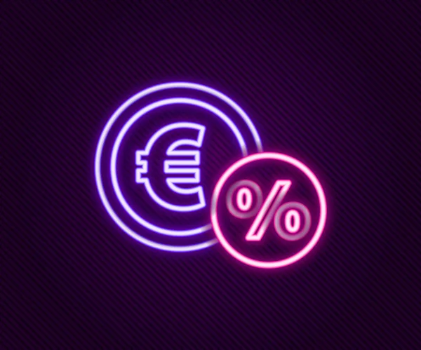 Gloeiende neon lijn Geld munt met procent pictogram geïsoleerd op zwarte achtergrond. Cash Banking valutateken. Kleurrijk concept. Vector — Stockvector