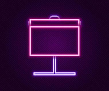 Parlayan neon hattı projeksiyon ekranı simgesi siyah arkaplanda izole edildi. İş sunumu slaytlar, bilgi grafikleri ve video gibi görsel içerikler. Renkli taslak konsepti. Vektör