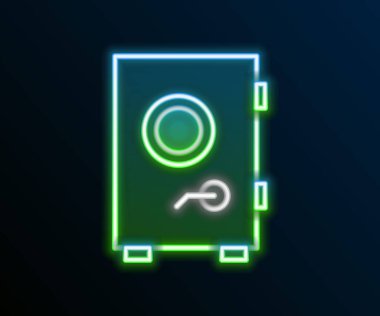 Parlayan neon hattı siyah arkaplanda güvenli simge. Kapı, şifreli bir banka kasası. Güvenilir Veri Koruma. Renkli taslak konsepti. Vektör