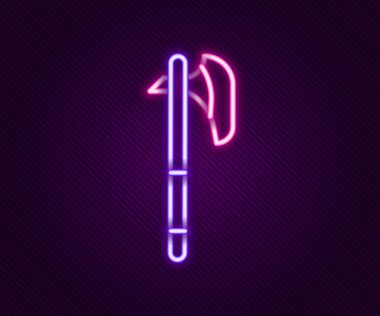 Parlayan neon hattı Ortaçağ balta simgesi siyah arka planda izole edildi. Savaş baltası, cellat baltası. Ortaçağ silahı. Renkli taslak konsepti. Vektör