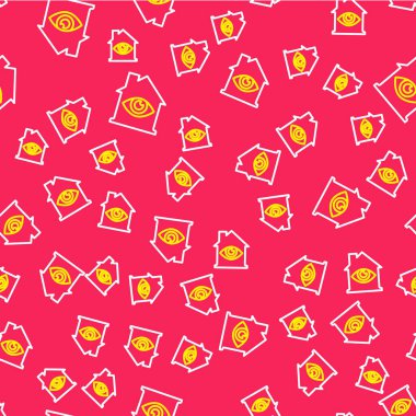 Göz tarama simgesine sahip Line House kırmızı arka planda izole edilmiş pürüzsüz desen. Göz taraması yapılıyor. Güvenlik kontrol sembolü. Siber göz işareti. Vektör