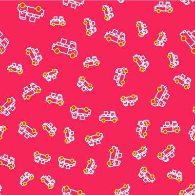 İkonun arkasında karton kutular olan çizgi teslimat kamyonu kırmızı arka planda izole edilmiş pürüzsüz desen. Vektör