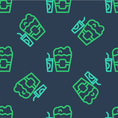 Çizgi patlamış mısırı karton kutuda ve kağıt bardakla birlikte pipet ve su ikonu içerek mavi arka planda izole edilmiş pürüzsüz desen. Soda bardağı. Vektör