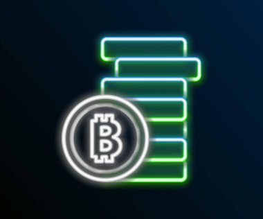 Parlayan neon hattı Kripto para birimi simgesi Bitcoin siyah arka planda izole edildi. Madeni para. Engelleme zinciri tabanlı şifreli para birimi. Renkli taslak konsepti. Vektör