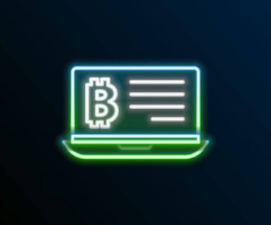 Siyah arkaplanda izole edilmiş dizüstü bilgisayar ikonundan parlayan neon hattı bitcoin madenciliği. Kripto para birimi madenciliği, engelleme zinciri teknoloji servisi. Renkli taslak konsepti. Vektör