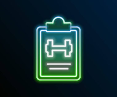 Parlayan neon hattı spor eğitim programı veya fitness planı simgesi siyah arkaplanda izole edildi. Renkli taslak konsepti. Vektör