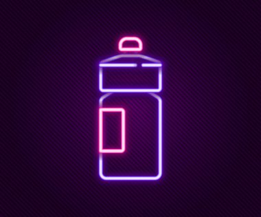 Parlayan neon hattı fitness karıştırıcı simgesi siyah arkaplanda izole edildi. Su ve protein kokteylleri için kapaklı spor karıştırıcı şişesi. Renkli taslak konsepti. Vektör