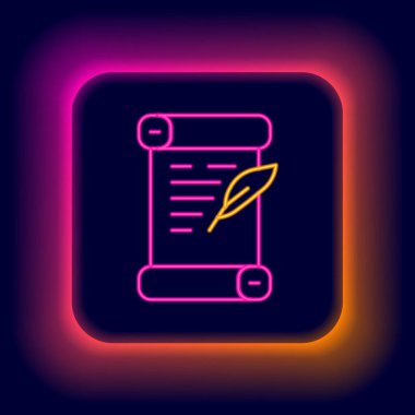 Parlayan neon çizgisi Kararname, kağıt, parşömen, parşömen simgesi siyah arkaplanda izole edilmiş. Renkli taslak konsepti. Vektör