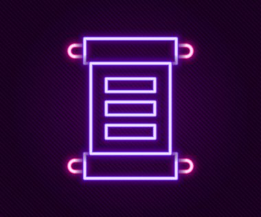 Parlayan neon çizgisi Kararname, kağıt, parşömen, parşömen simgesi siyah arkaplanda izole edilmiş. Renkli taslak konsepti. Vektör