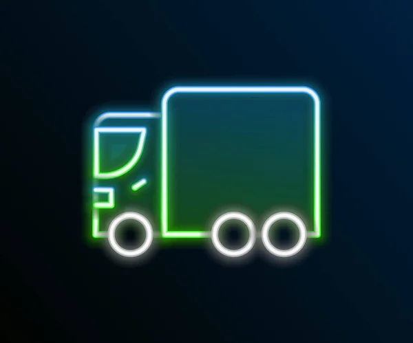 Leuchtende Leuchtschrift Lieferung Lastkraftwagen-Symbol isoliert auf schwarzem Hintergrund. Buntes Rahmenkonzept. Vektor — Stockvektor