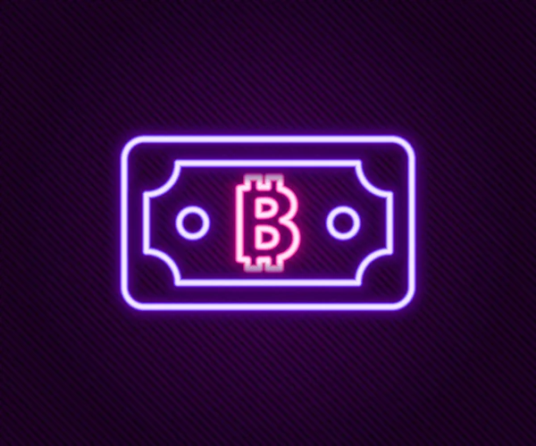 Lumineux néon ligne Crypto-monnaie Bitcoin icône isolée sur fond noir. Technologie blockchain, marché monétaire numérique. Concept de contour coloré. Vecteur — Image vectorielle