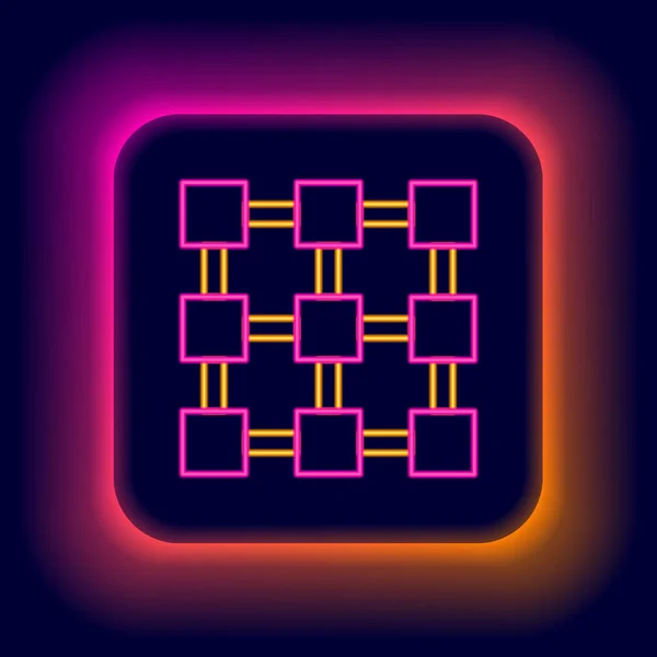 Glödande neon line Blockchain teknik ikon isolerad på svart bakgrund. Kryptovaluta data. Abstrakta geometriska block kedja nätverk teknik verksamhet. Färgstarkt skisskoncept. Vektor — Stock vektor