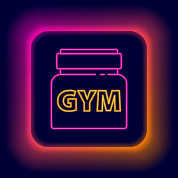 Leuchtende Neon Line Sports nutrition bodybuilding Protein Power Drink und Food Icon isoliert auf schwarzem Hintergrund. Buntes Rahmenkonzept. Vektor — Stockvektor