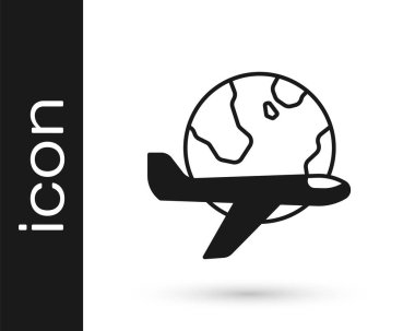 Uçan uçak ikonuna sahip Siyah Küre beyaz arka planda izole edildi. Uçak Dünya 'nın etrafında uçuyor. Uçak dünyası ikonu. Vektör