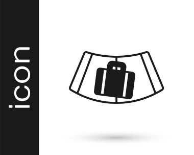 Siyah havaalanı taşıma bandı, beyaz arka planda izole edilmiş bavul, çanta, bagaj ikonu. Vektör