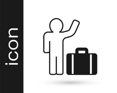 Beyaz arka planda izole edilmiş bavul ikonu olan siyah turist. Seyahat, tatil, turizm. Vektör