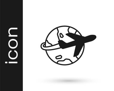 Uçan uçak ikonuna sahip Siyah Küre beyaz arka planda izole edildi. Uçak Dünya 'nın etrafında uçuyor. Uçak dünyası ikonu. Vektör