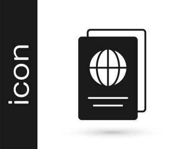 Beyaz zemin üzerinde biyometrik veri simgesi olan siyah pasaport. Kimlik belgesi. Vektör