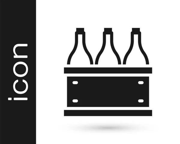 Czarne butelki wina w drewnianej ikonie pudełka izolowane na białym tle. Butelki po winie w drewnianej ikonie skrzyni. Wektor — Wektor stockowy